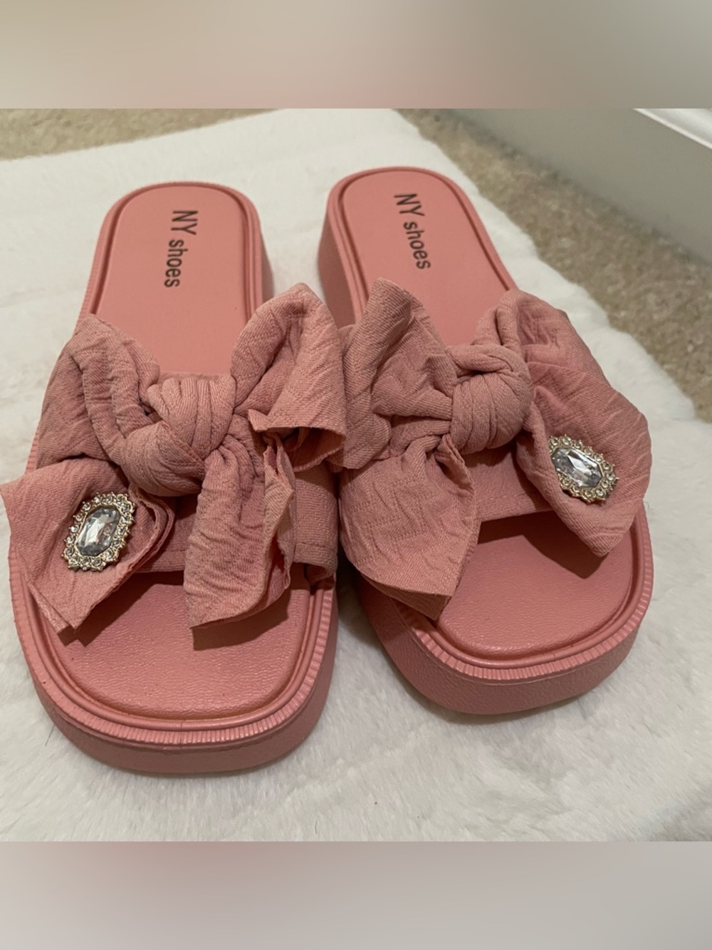 NY Shoes Women's Pink Bow Slide Sandals with Jewel Accent